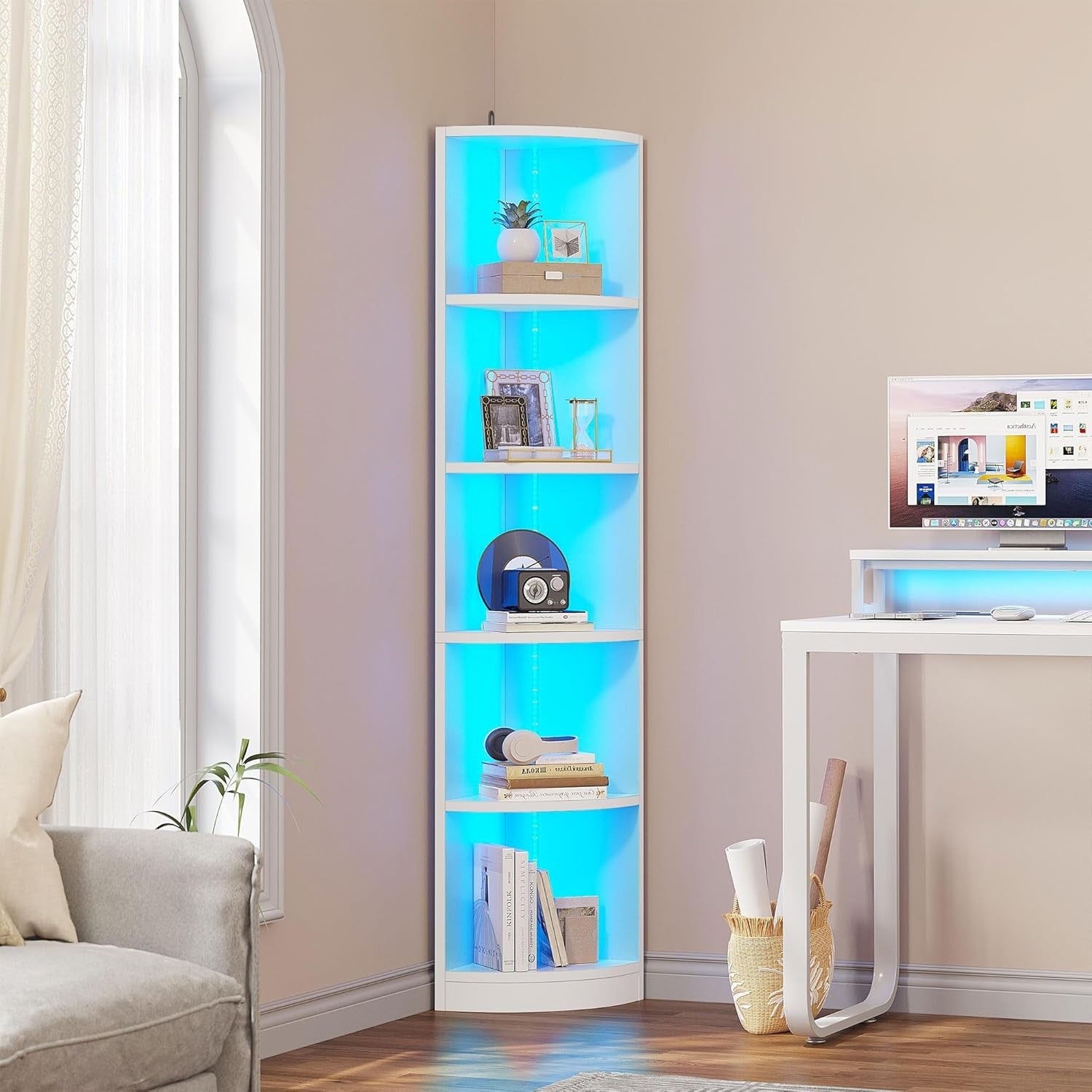 5-Tier LED Corner Bookshelf – Modern Tall Display Unit with Bluetooth & Storage