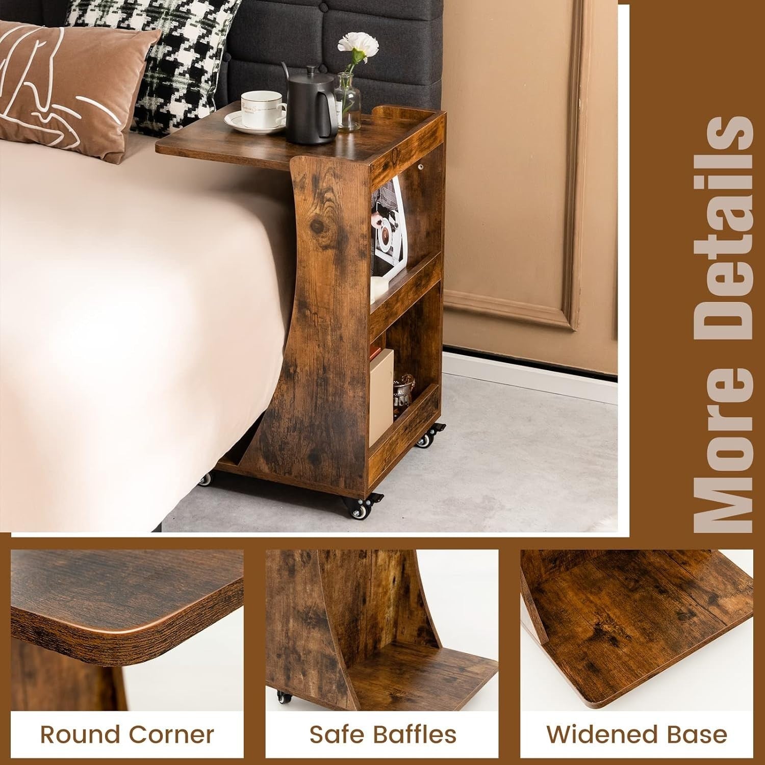 C-Shaped Sofa Side Table with Wheels & Storage – Overbed Snack Coffee Stand