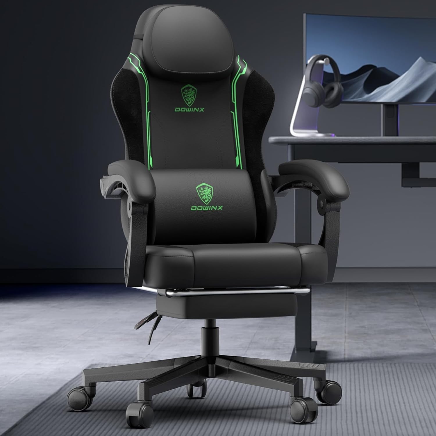 200kg Heavy Duty Gaming Chair Black Green w/ Footrest Massage