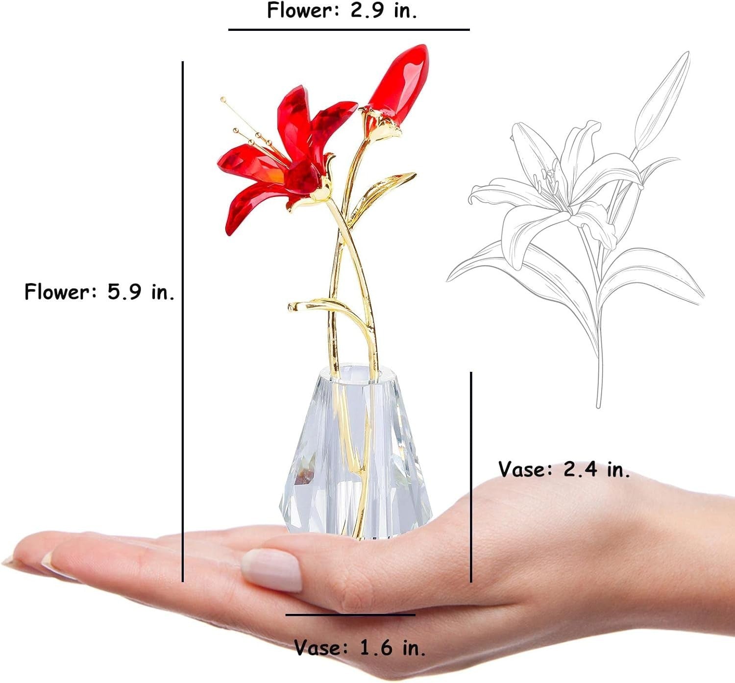 Red Crystal Lily Flower Ornament • Luxury Glass Vase Figurine • Elegant Floral