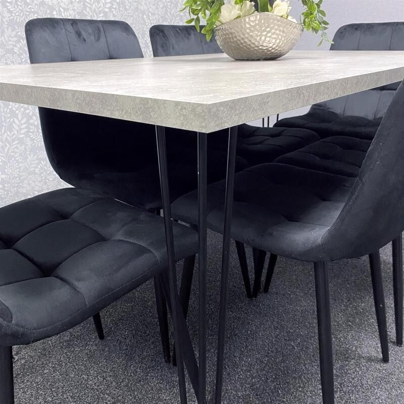 Grey Dining Table Set with 4 Black Velvet Chairs – Hairpin Legs 4 Seater