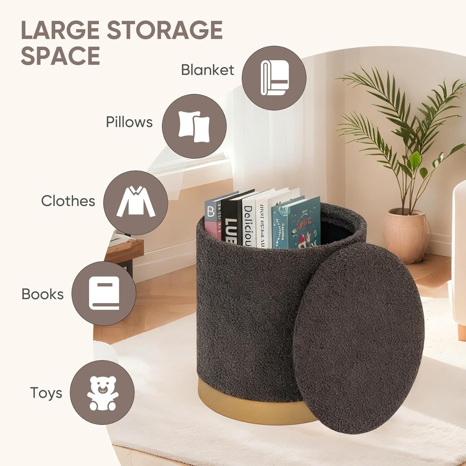 Grey Boucle Large Round Storage Ottoman Foldable Footrest with Tray Lid