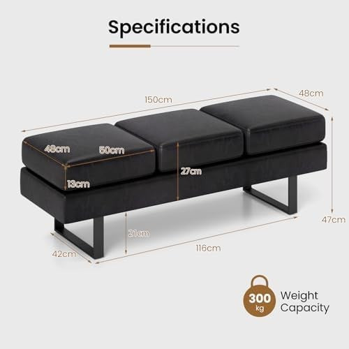 3-Seater Upholstered Reception Bench with Metal Frame, Modern Entryway Seating