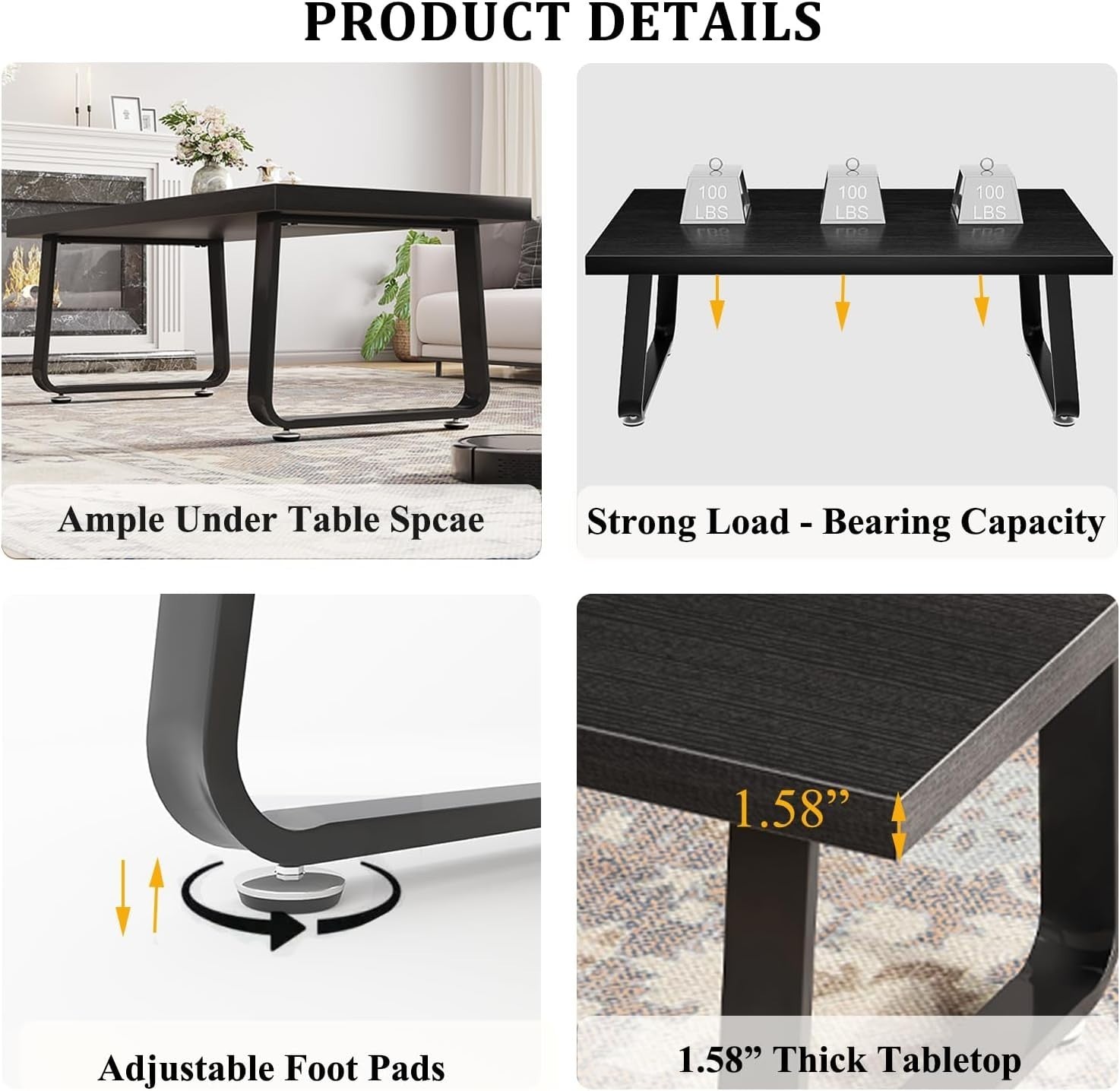 Black Oak Coffee Table 120x60x46.5cm Metal Frame, Industrial Minimalist