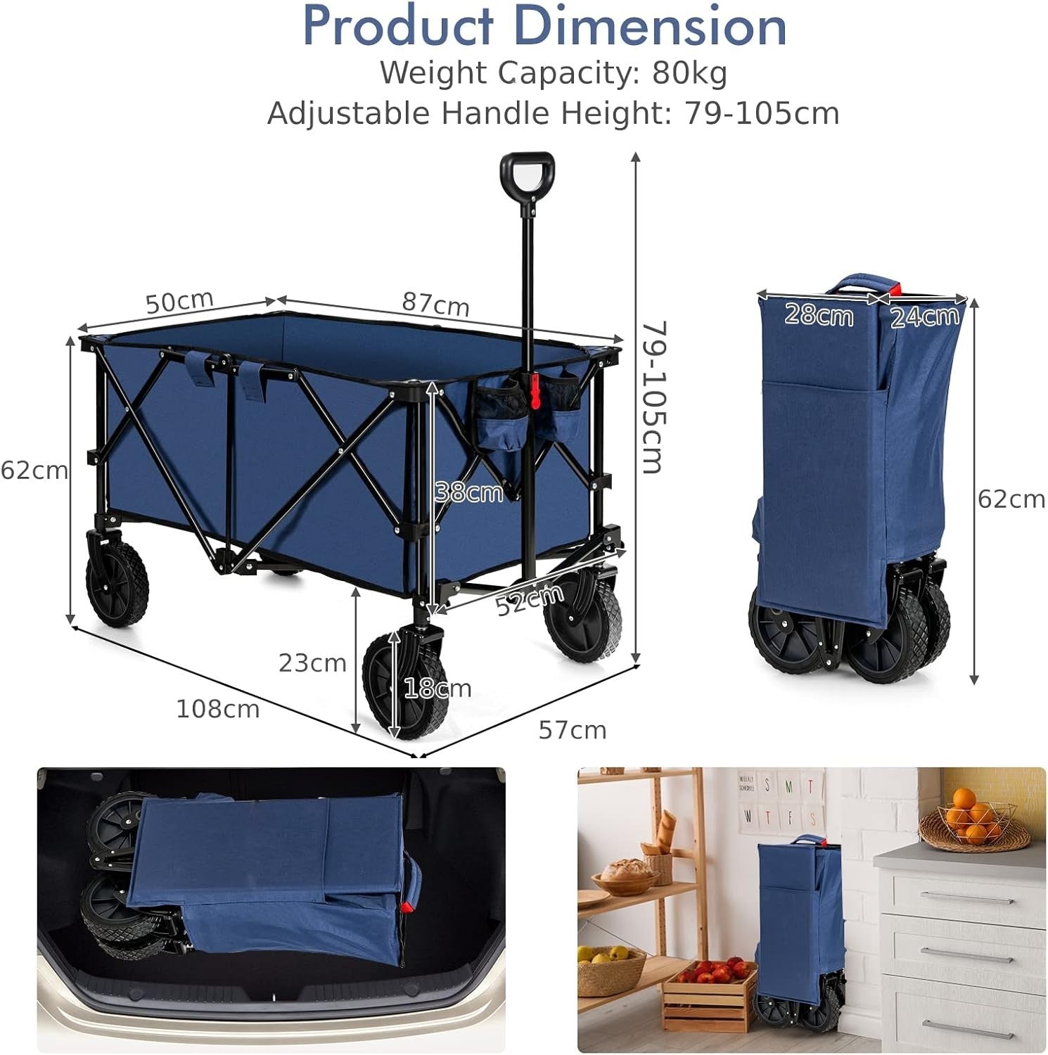 Folding Camping Wagon 87x50x38cm Heavy Duty Garden Cart Cup Holders Navy