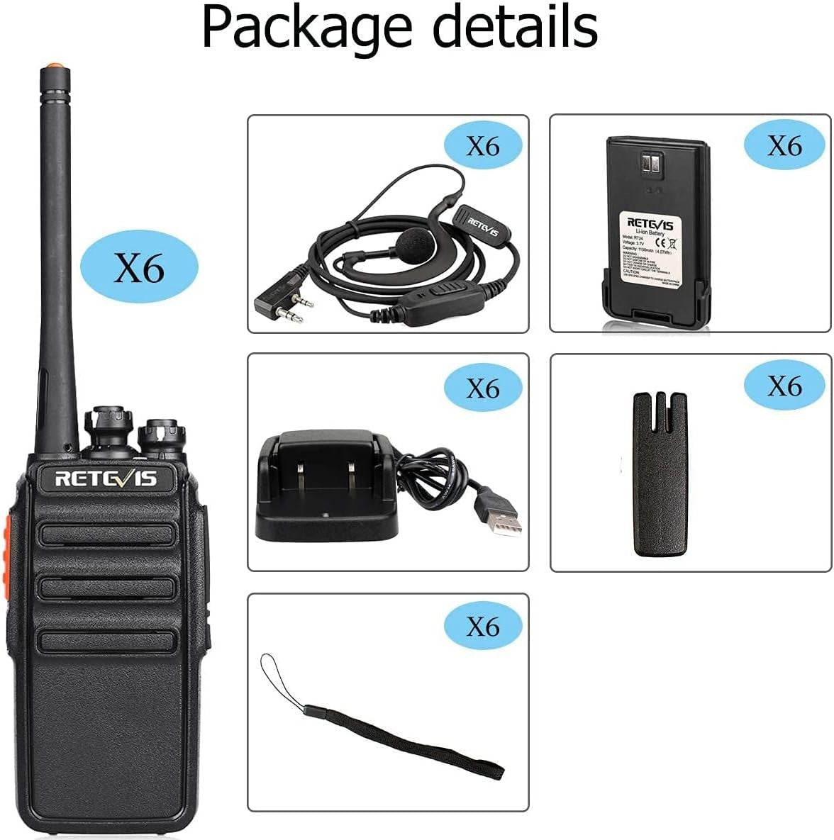 PMR446 Walkie Talkies 6 Pack Long Range 16 Channel Radio w Earpieces