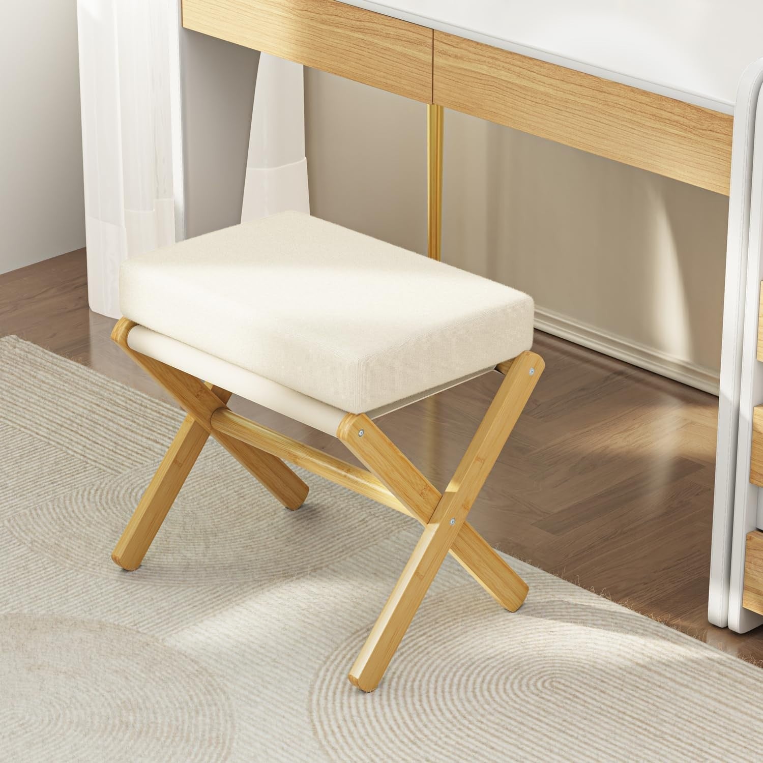 Natural Bamboo Foldable Footstool Ottoman with Beige Chenille Cushion
