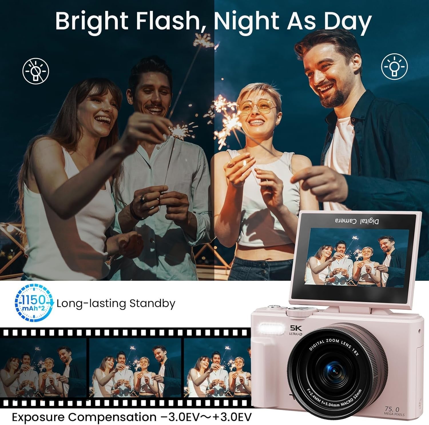 5K 75MP Digital Camera WiFi Vlogging Camera Flip Screen Pink