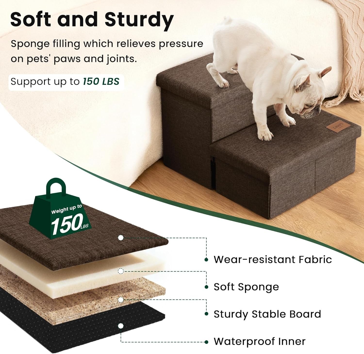 Dog Stairs with Storage 2 Step Foldable Pet Steps Ramp Coffee 13"