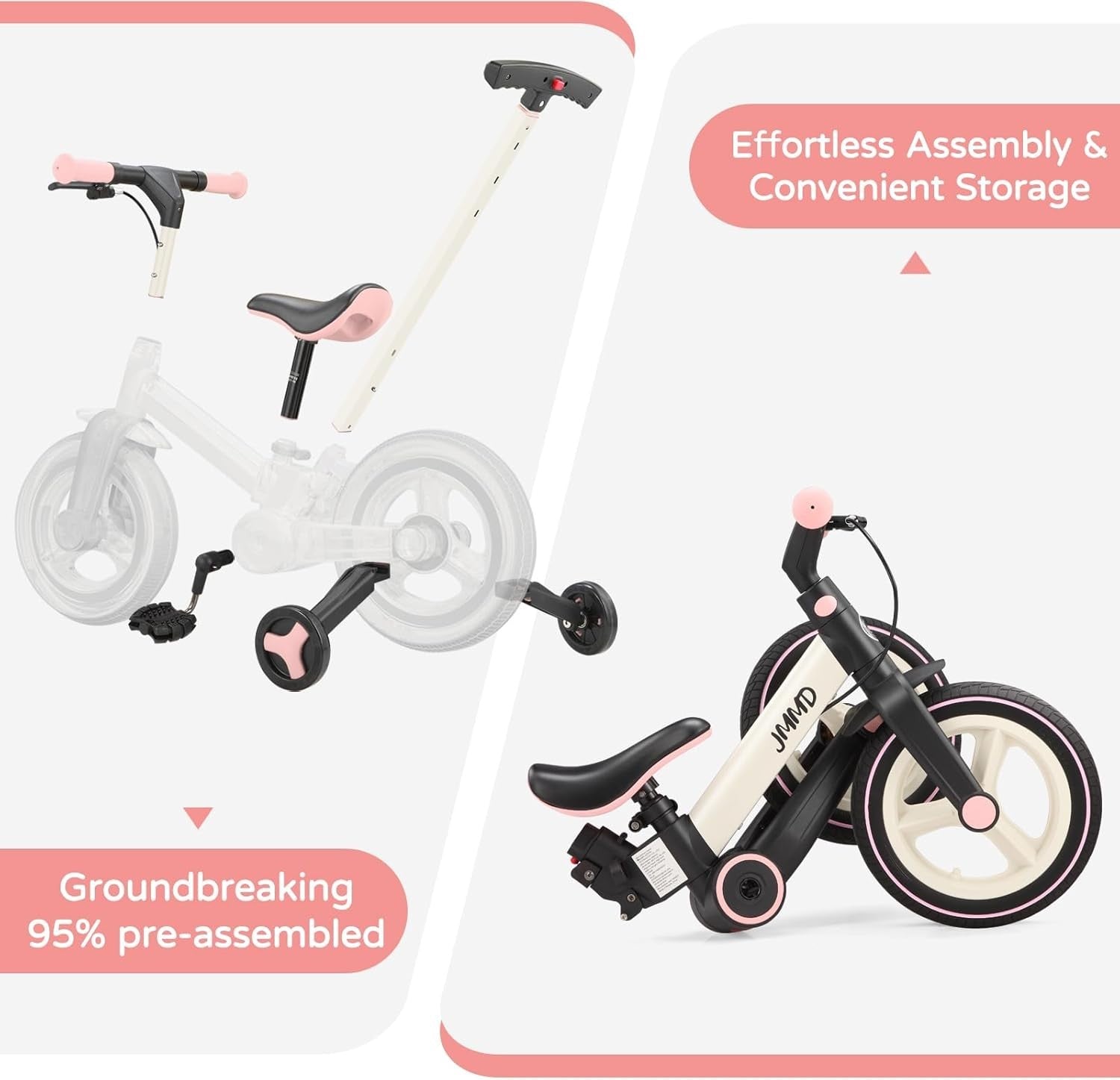6 in 1 Toddler Bike Balance Pedal Bike Training Wheels Push Handle Pink