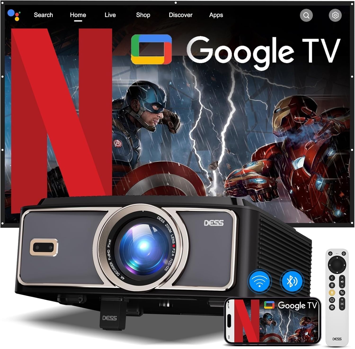 1500 Brightness Smart Projector 1080p 4K Support Auto Focus Electric Bracket