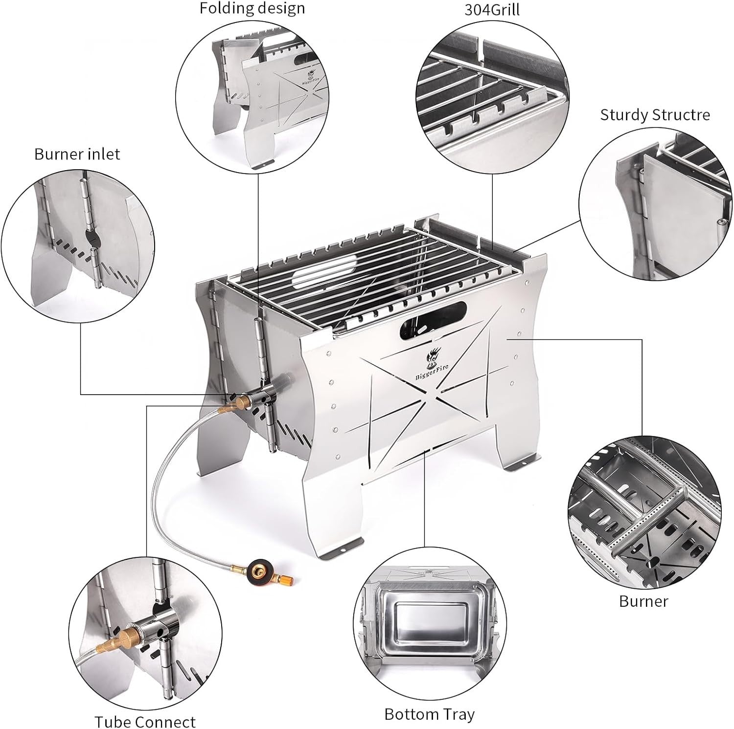Portable Stainless Steel Camping BBQ Grill Foldable 2-in-1 Charcoal & Gas