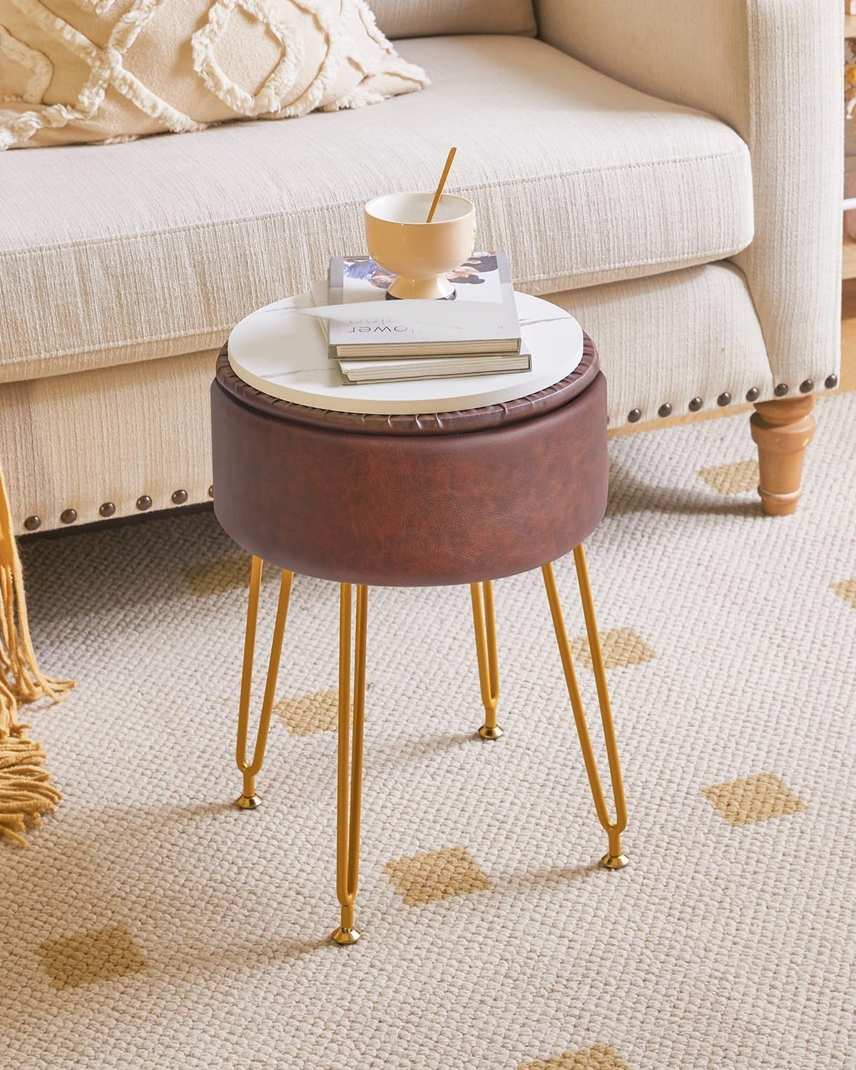 Dark Brown Faux Leather Round Storage Footstool – Vanity Stool with Gold Legs