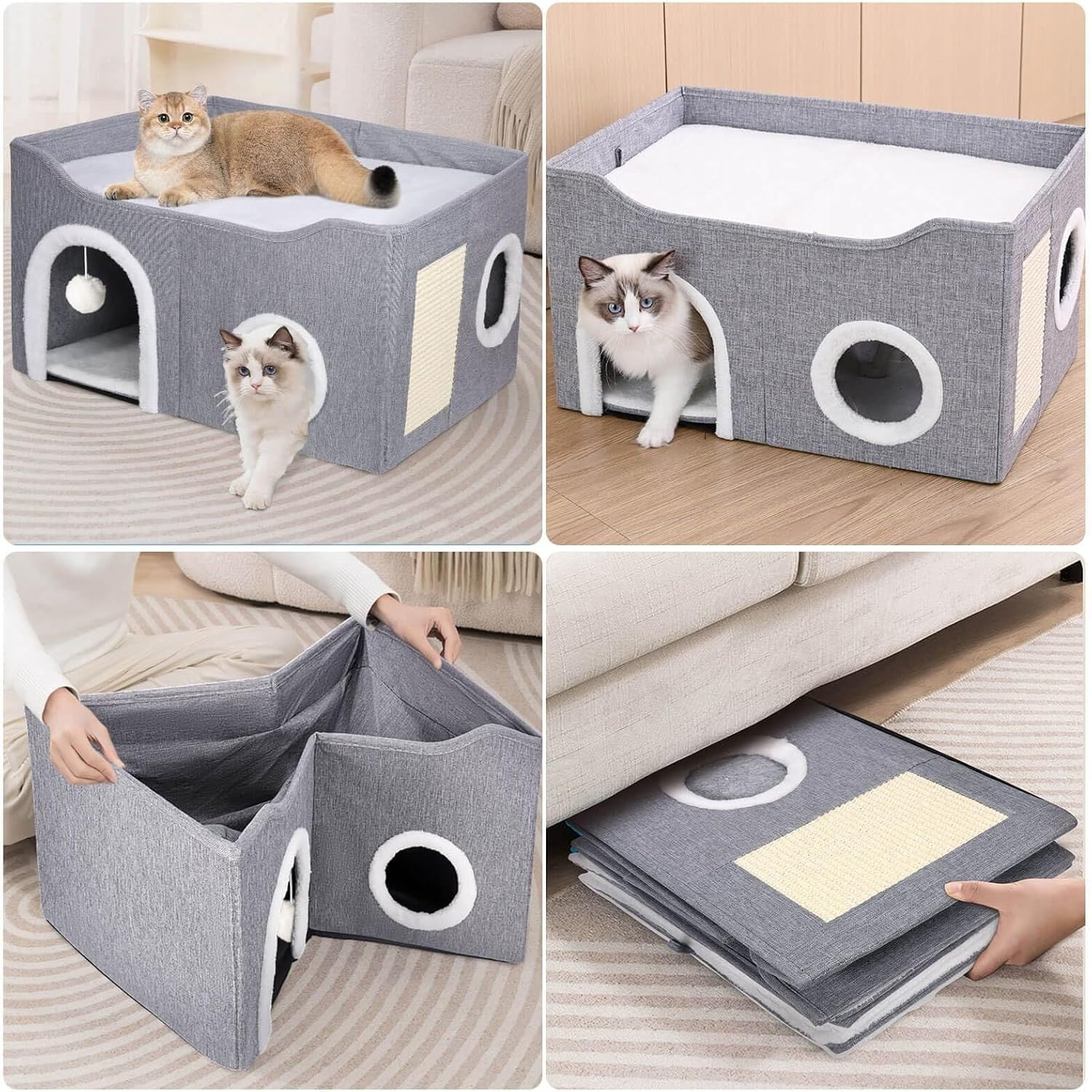 2 Layer Foldable Cat House Cave Bed Cube w Scratcher Fluffy Ball