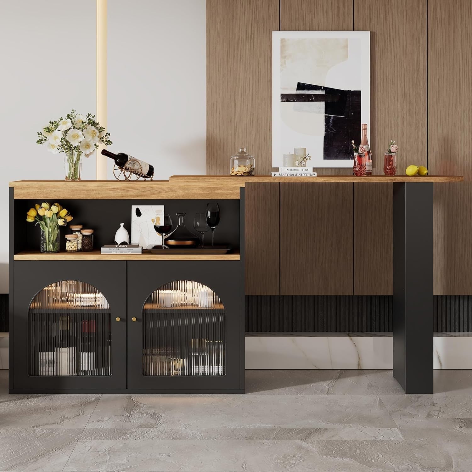 360° Swivel Bar Table LED Strip & 3 Tier Storage Shelves Modern Black Furniture