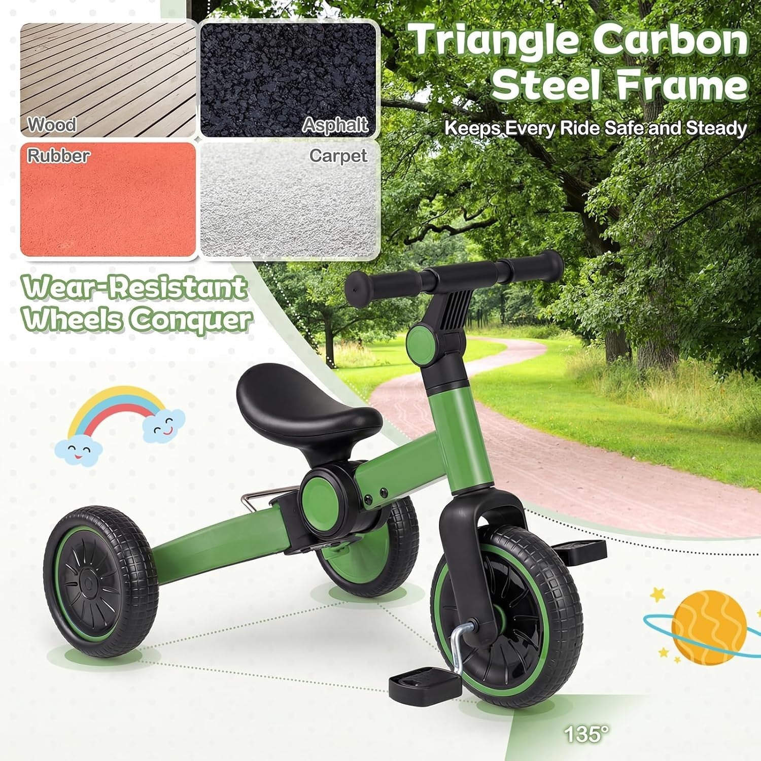 4 in 1 Kids Tricycle Balance Bike Foldable Adjustable Handle Green