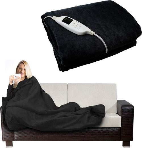Electric Heated Throw Blanket Black Fleece Washable Sofa Bed Warm Cover