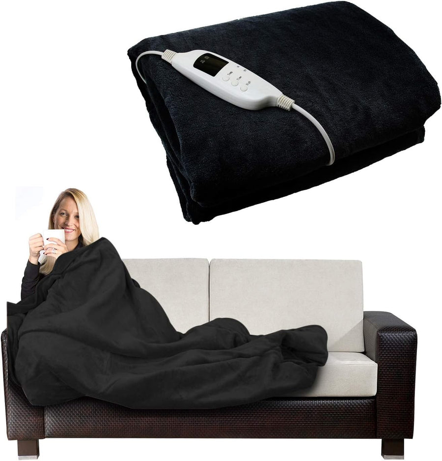 Electric Heated Throw Blanket Black Fleece Washable Sofa Bed Warm Cover