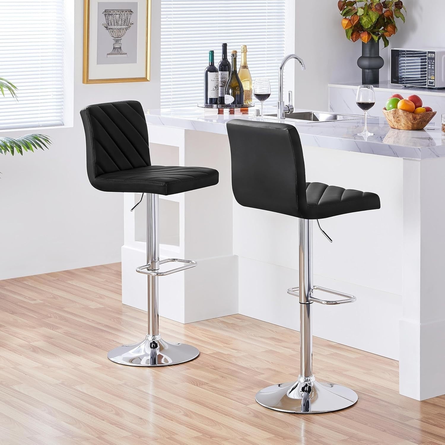 Black Adjustable Swivel Bar Stools Set of 2 Faux Leather Chairs