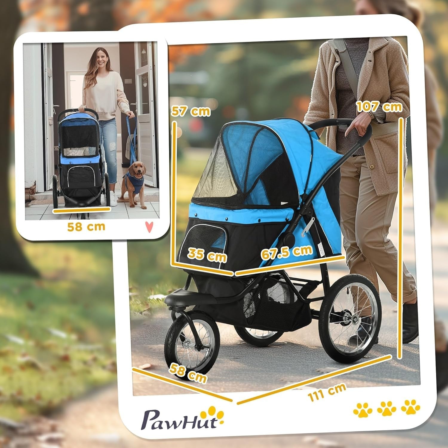3 Wheel Dog Stroller for Small & Medium Pets up to 20kg, Foldable Jogger