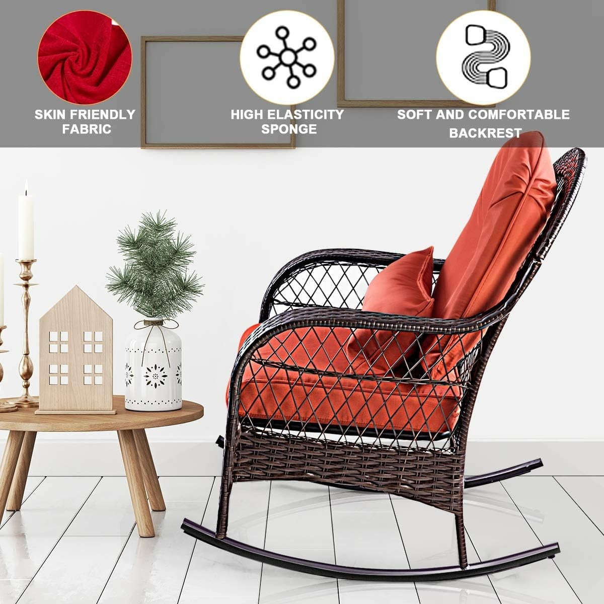 Outdoor Rattan Rocking Chair with Cushions & Lumbar Support, Red