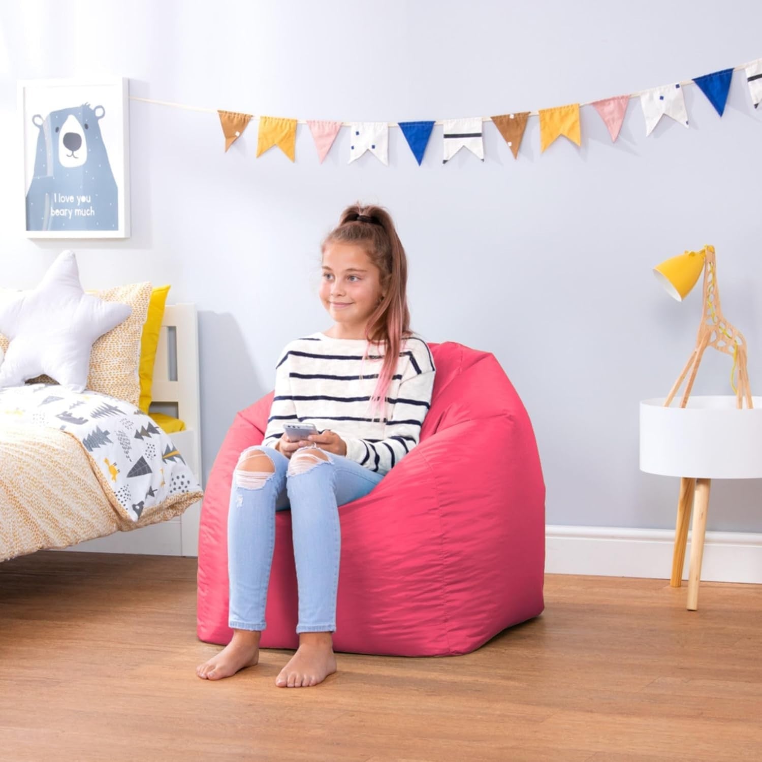 Kids Bean Bag Chair Large Pink Water-Resistant Seat for Playroom Garden