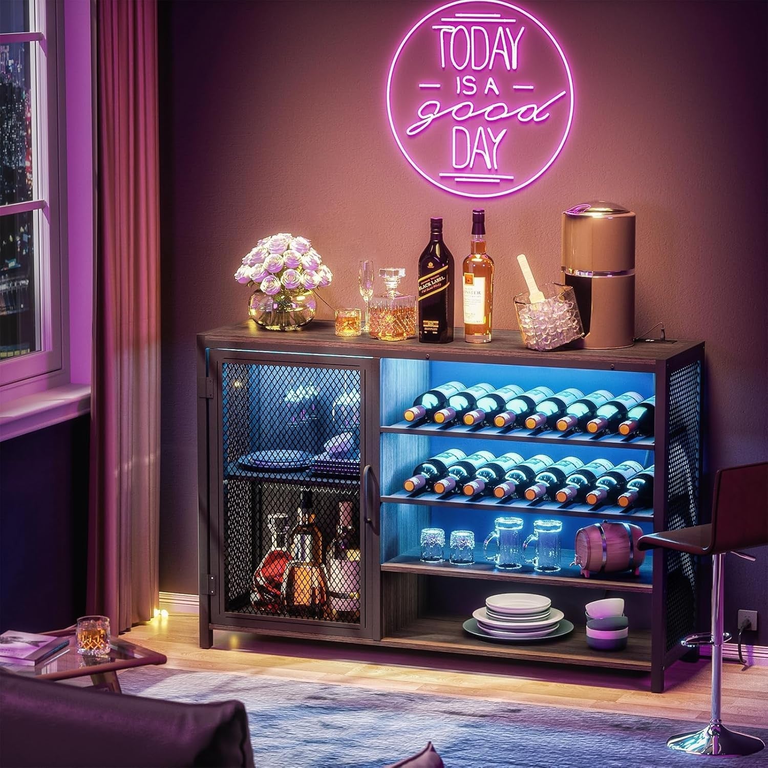 LED Home Bar Cabinet with Power Outlets, Wine Rack & Glass Holder