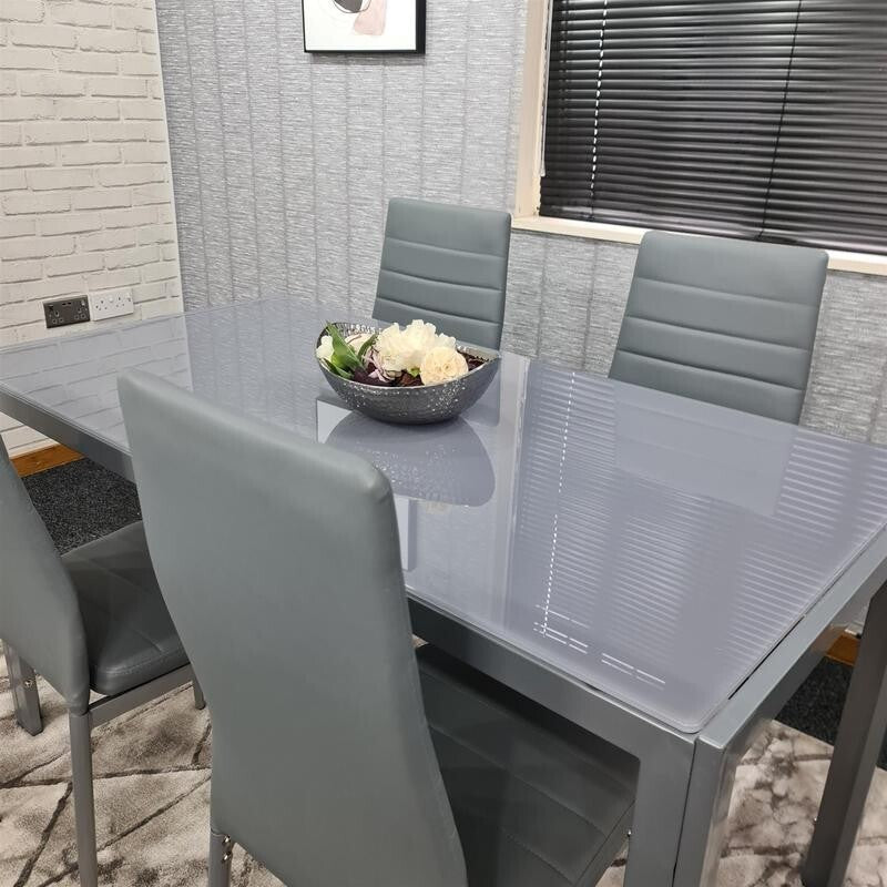 Grey Glass Dining Table Set with 4 Leather Chairs Modern Kitchen Furniture