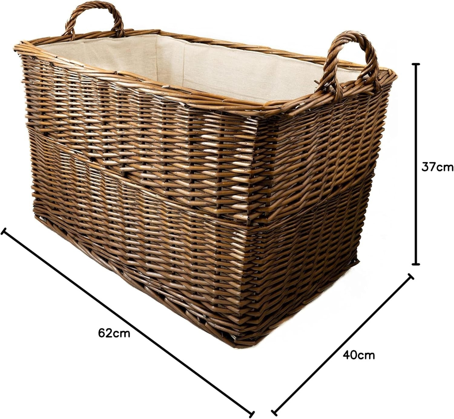 Medium Sturdy Wicker Storage Basket with Lining & Handles 62x40x37cm