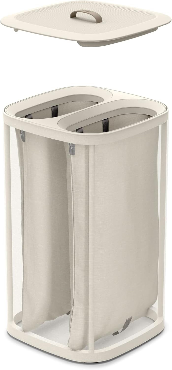 60L Dual Laundry Basket with Lid Removable Washing Bags Modern Ecru Fabric