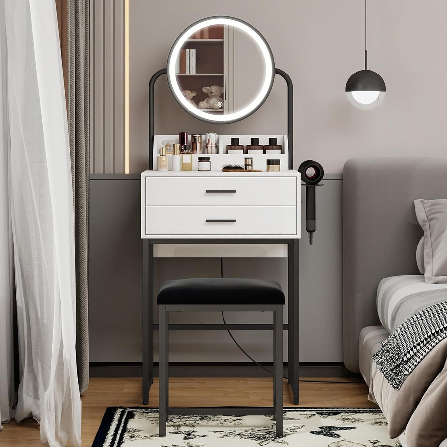 Vanity Makeup Dressing Table with LED Mirror Lights 2 Drawers & Stool White/Gold