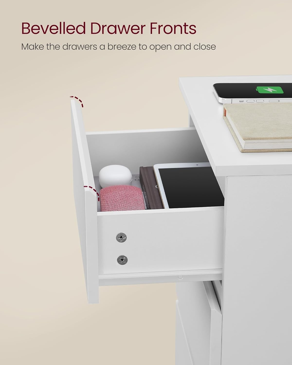 Modern Bedside Table with Charging Station, 3 Drawers, USB & AC Ports, White