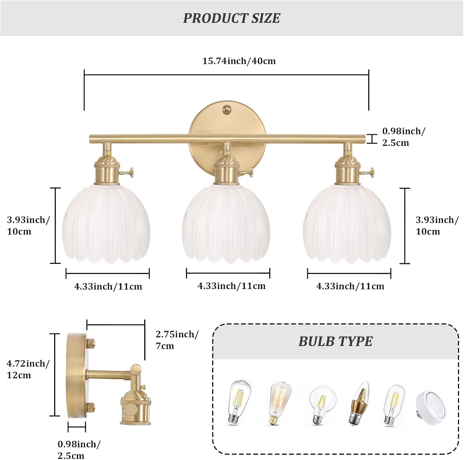 3-Light White Glass Wall Sconce Vanity Light Brass Fixture Bathroom Mirror
