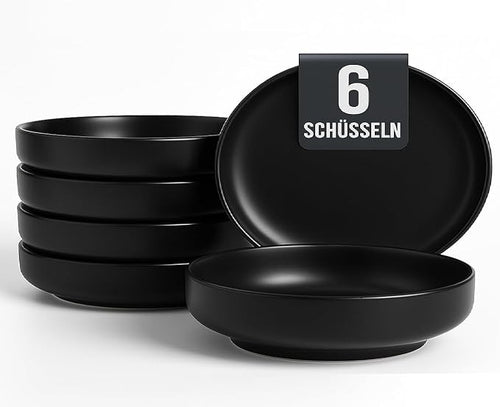 6pc Black Ceramic Pasta Plates 23cm Matte Glaze Microwave Dishwasher Safe