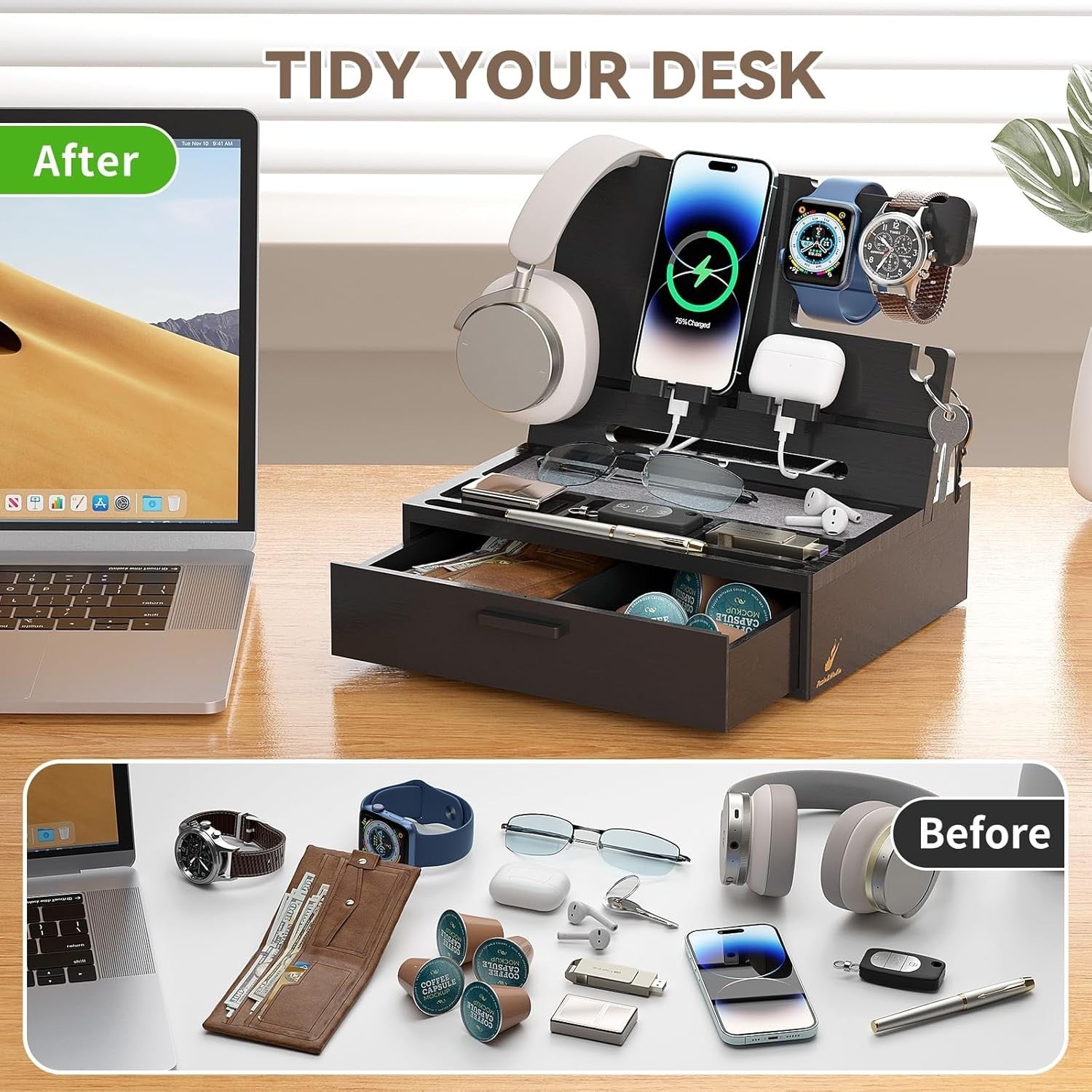 Bamboo Nightstand Organizer Tray with Drawer & Phone Dock, Multi-Device Holder