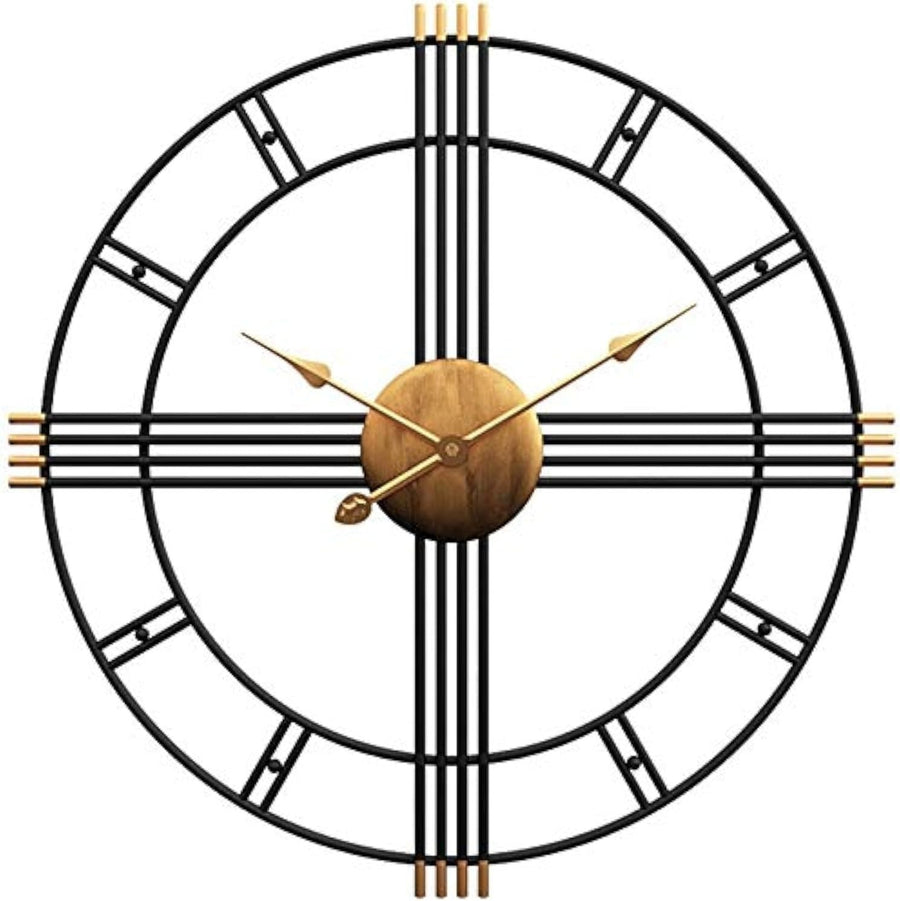 60cm Skeleton Wall Clock Black Gold Metal Silent Quartz Vintage Style Decor