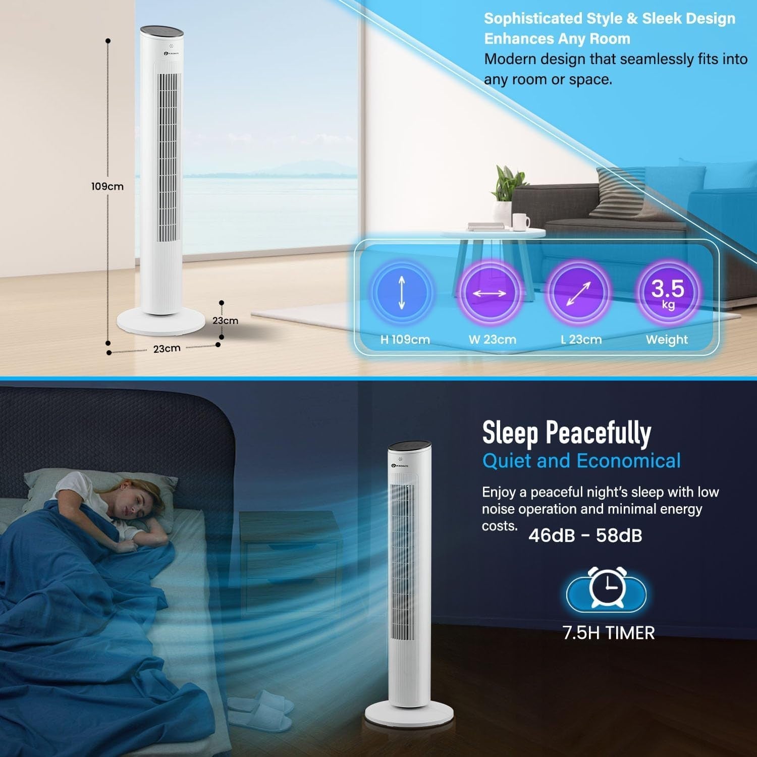 Cool Bladeless Tower Fan 43in – 3 Speed Remote Control Quiet Standing Fan White