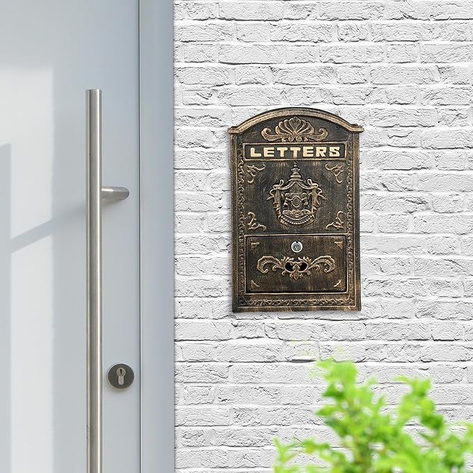 Vintage Wall Mounted Locking Mailbox Bronze Gold A4 Slot 2 Keys 42x28x10cm