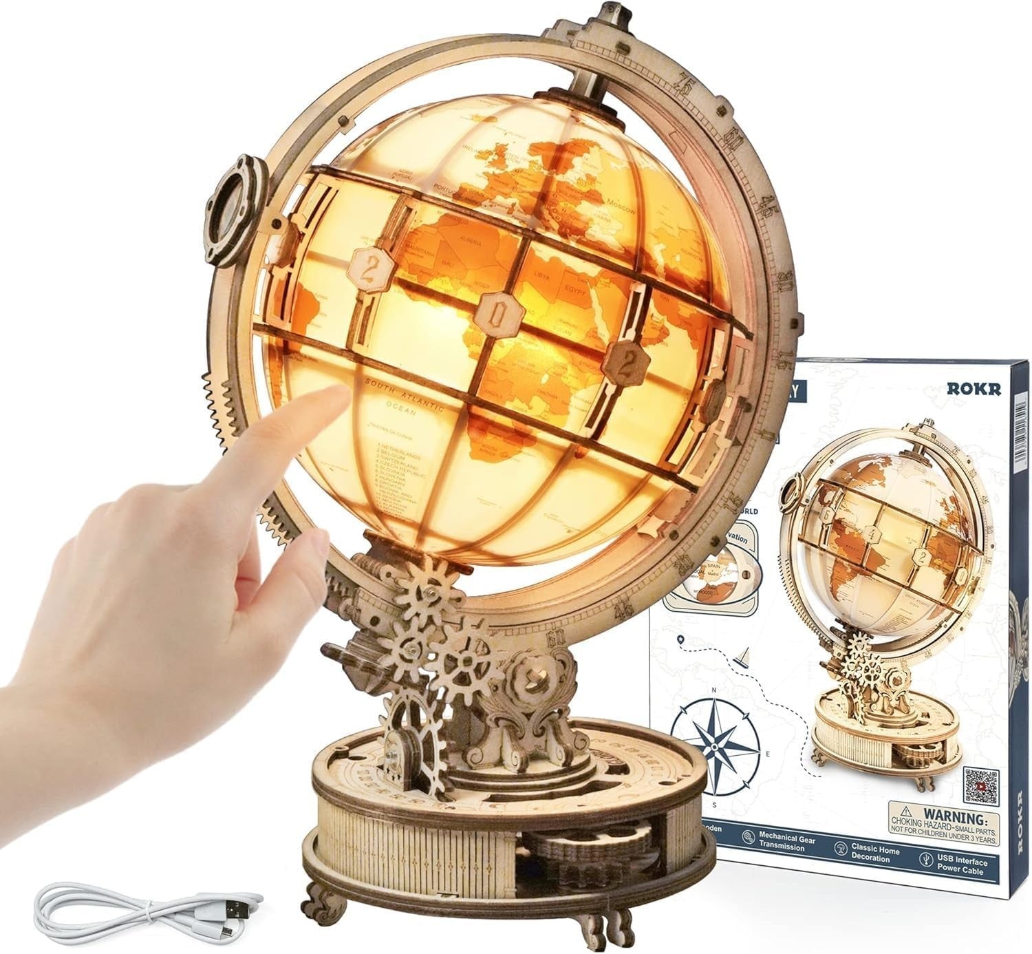 3D Wooden Globe Puzzle with LED Light & Rotating Gear – DIY Gift