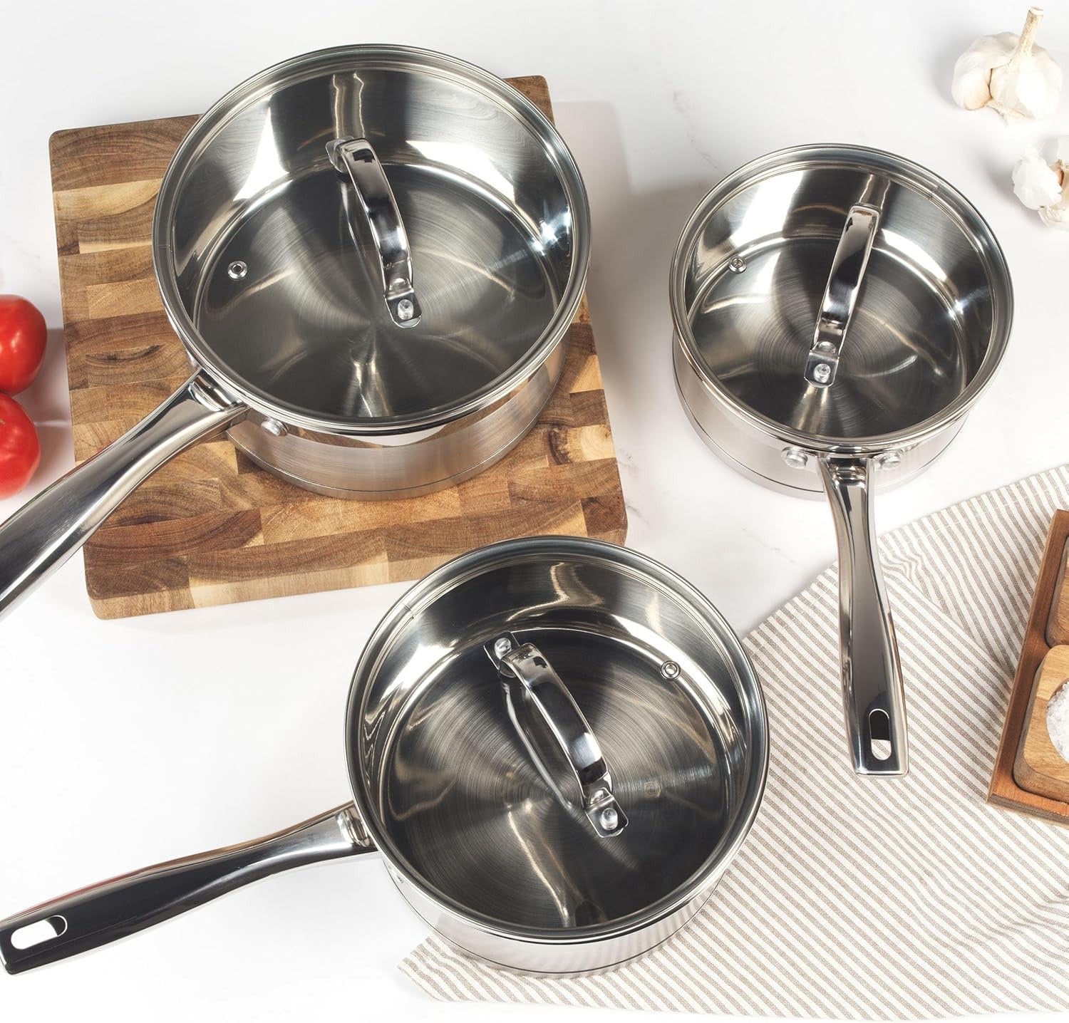 3pcs Stainless Steel Saucepan Set – 16 18 & 20 cm Induction Pans with Glass Lids