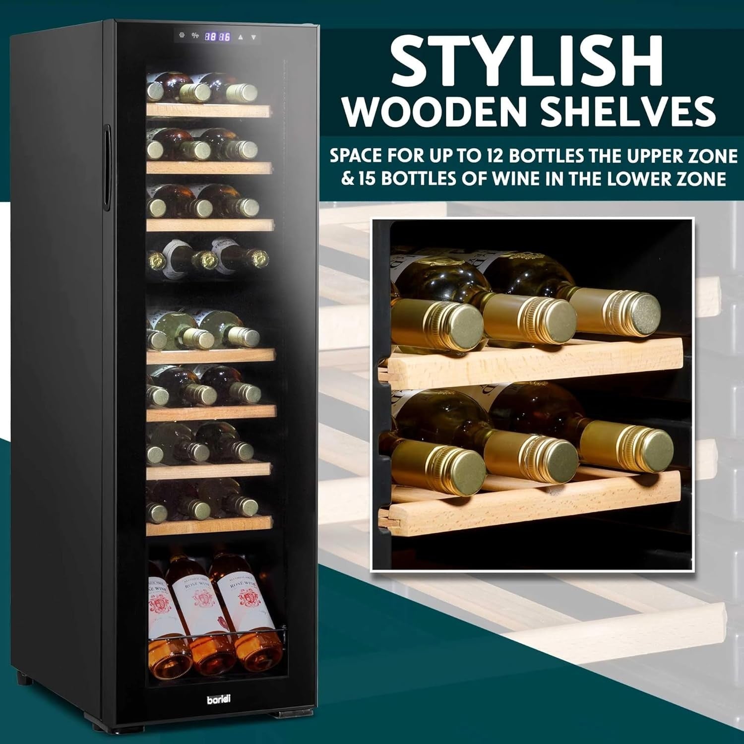 27 Bottle Dual Zone Wine Cooler Fridge Touch Screen LED Glass Door Black