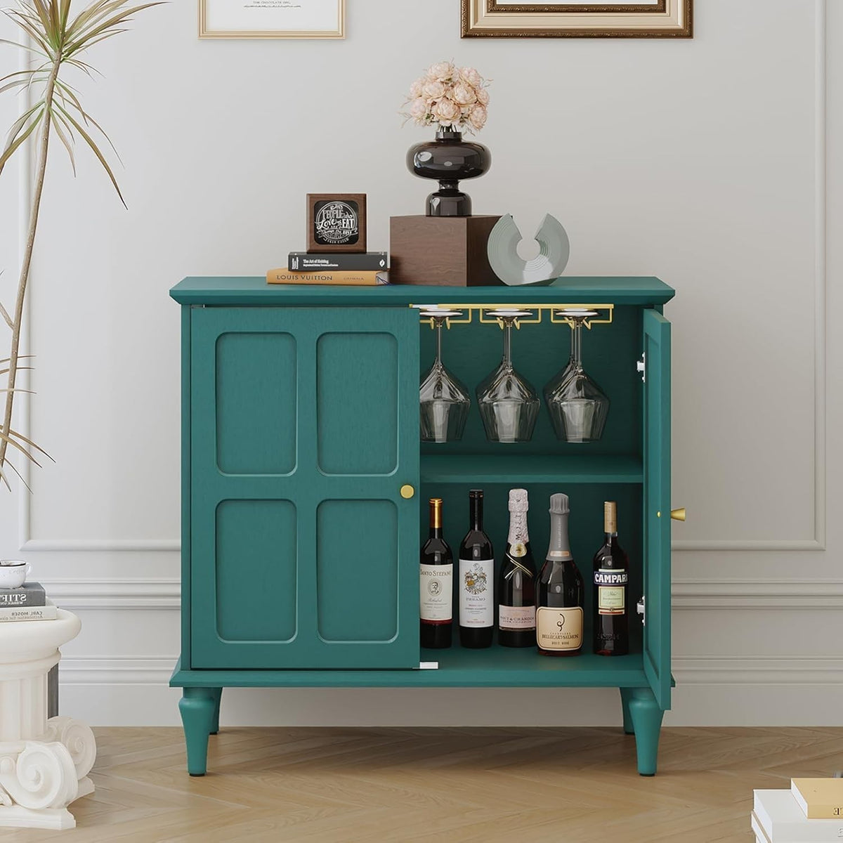 Modern Green Sideboard with Wine Glass Rack, Storage Cabinet for Living Room