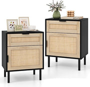 Modern Rattan Bedside Tables Set of 2 with Drawer & Cabinet, Wood & Metal Design