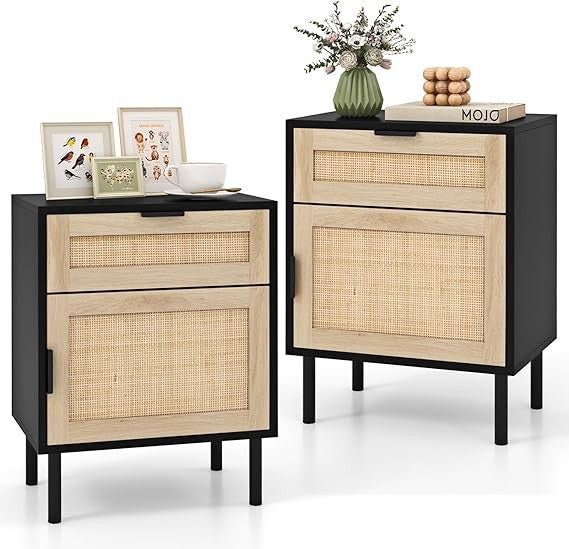 Modern Rattan Bedside Tables Set of 2 with Drawer & Cabinet, Wood & Metal Design
