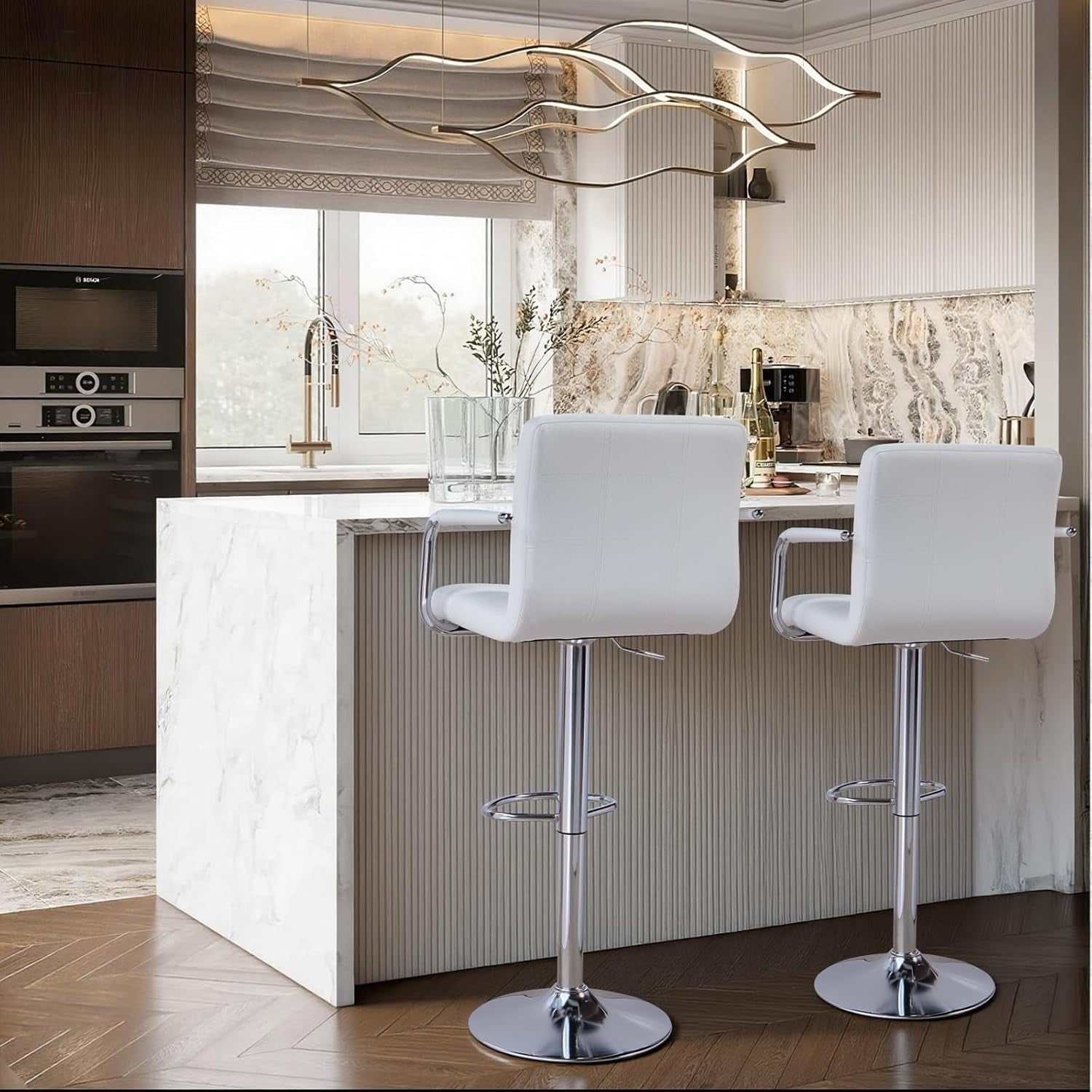 White PU Leather Bar Stool Adjustable Height 360° Swivel with Armrest