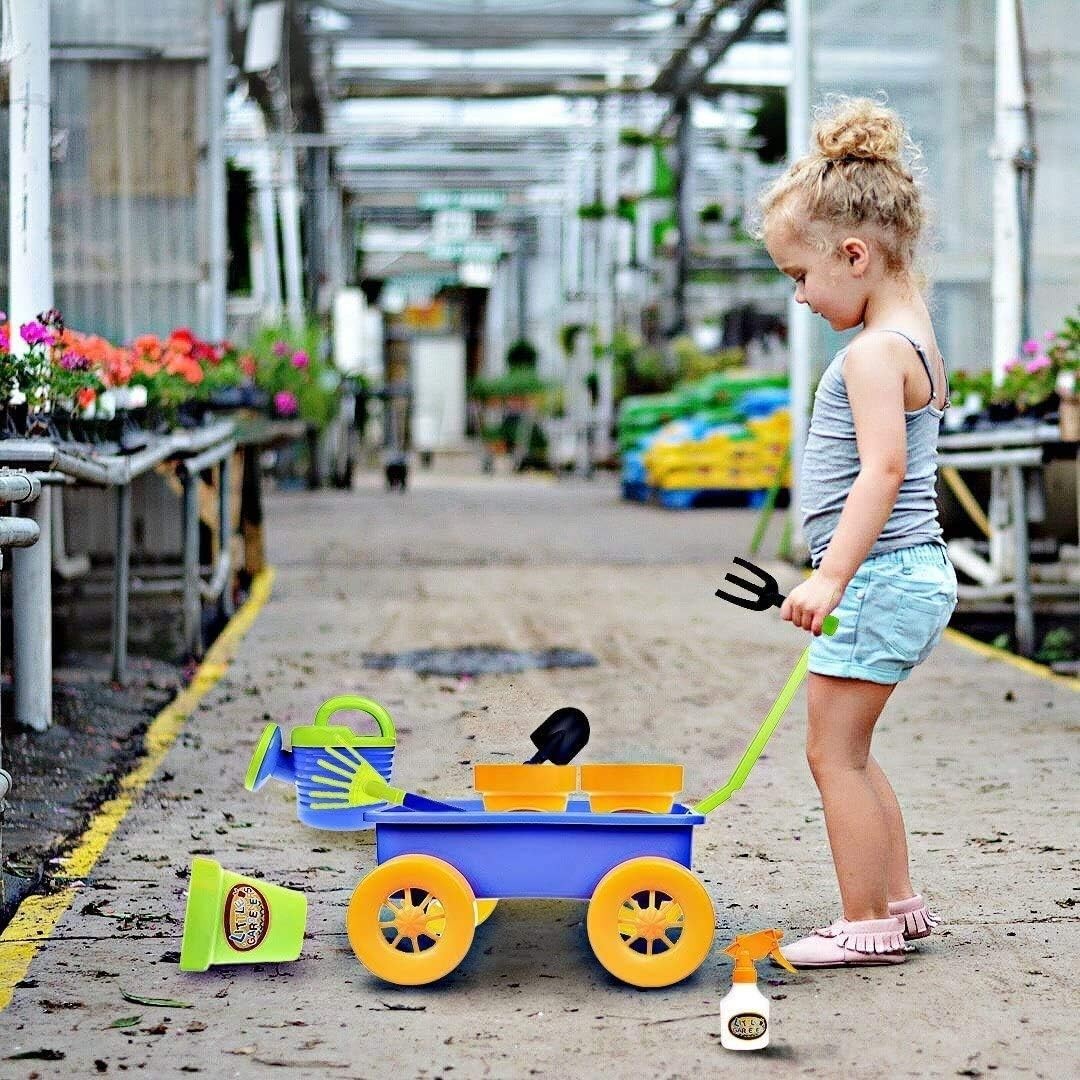60L 4-Wheel Kids Garden Wagon & Multicolour Toy Wheelbarrow with Tools Set