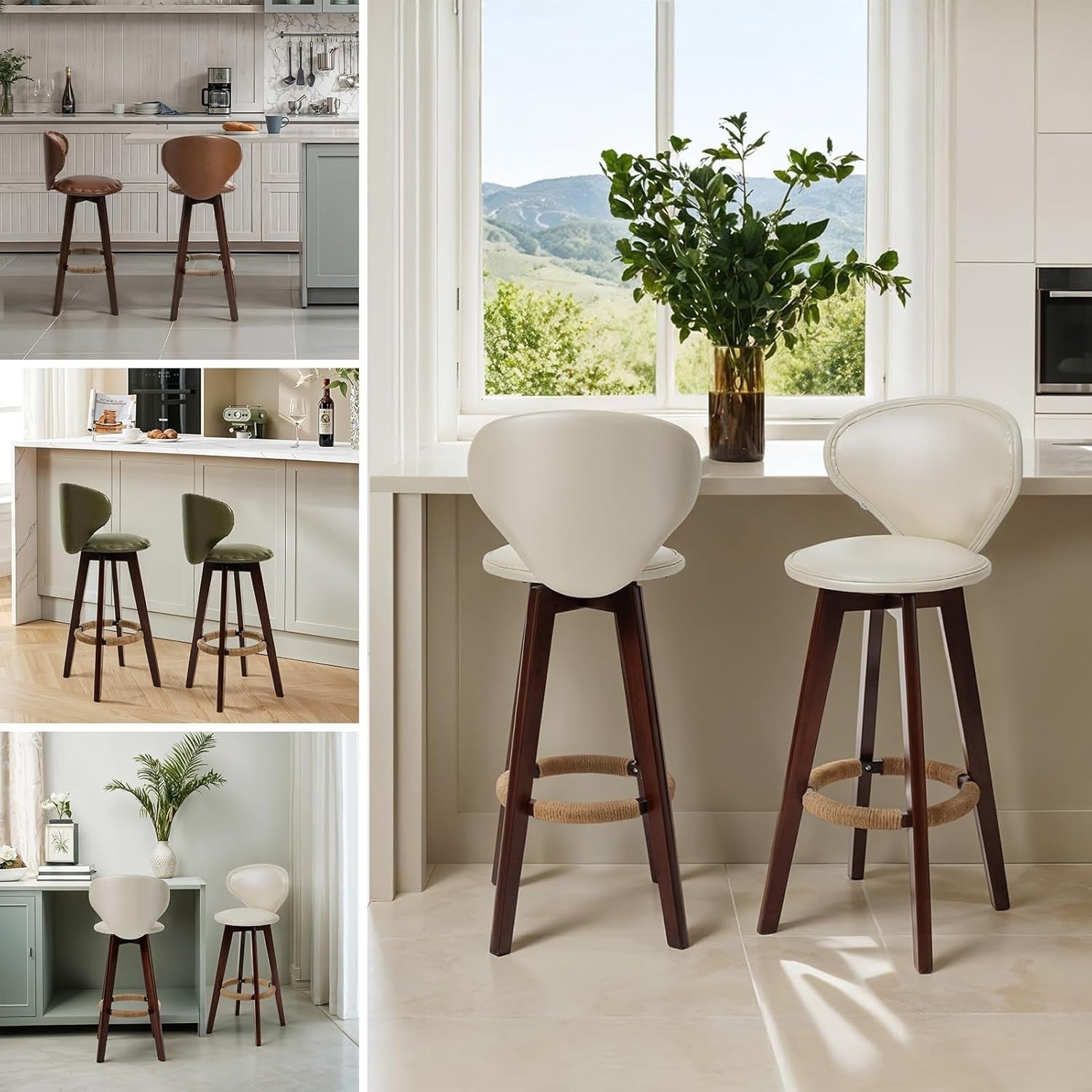 Swivel Bar Stools 2pcs Beige Faux Leather High Counter Kitchen Chairs