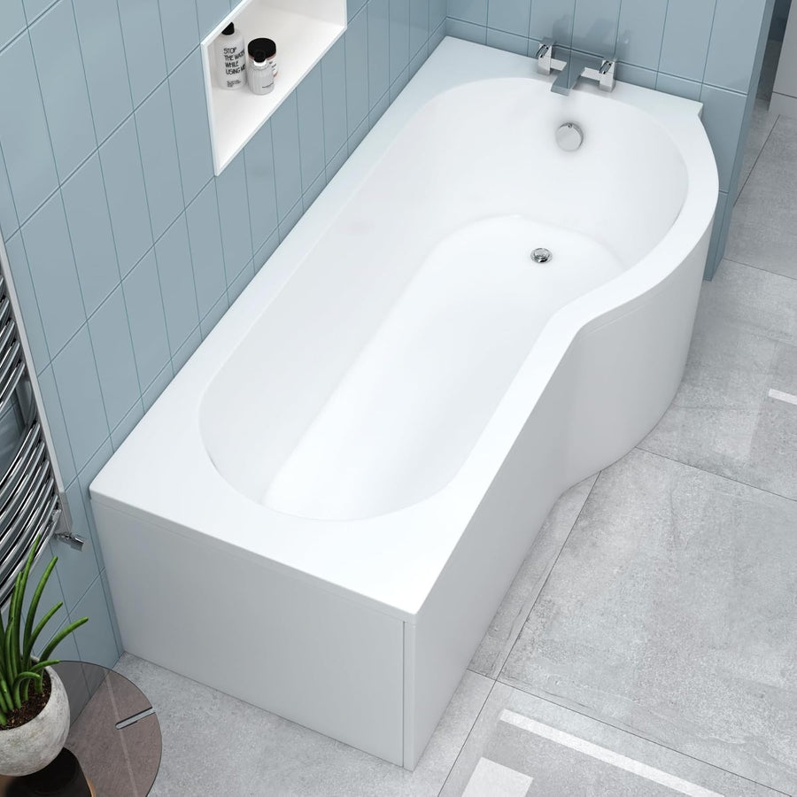 1700x850mm Right Hand P-Shaped Acrylic Shower Bath White Panel