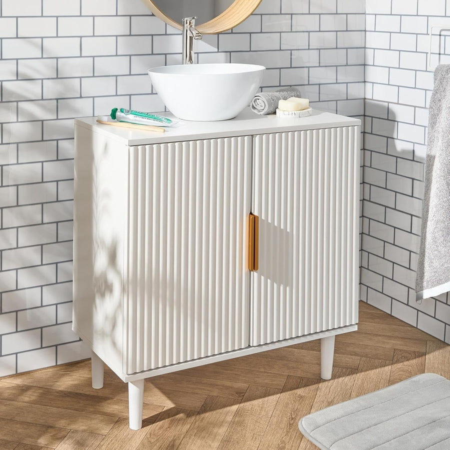 Cream Under Sink Bathroom Cabinet Ribbed 2 Door Storage Cupboard 60x30x61cm