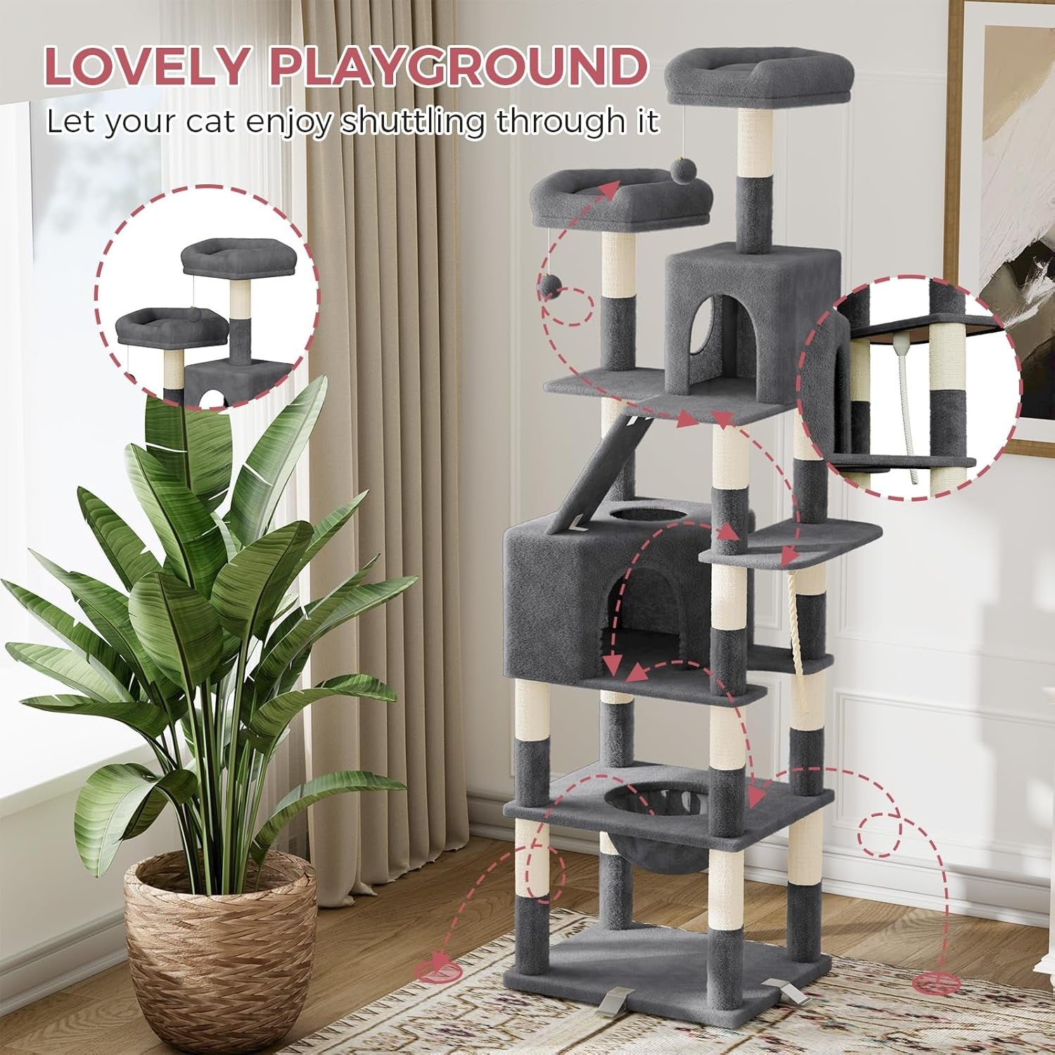 208cm Tall Cat Tree Tower Dark Grey Anti-Tip Multi-Level Condo Scratcher